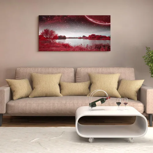 Miniatura 6 de Arte de pared para sala de estar, lagos rojos y árboles bajo el cielo estrellado, pintura de paisaje rojo, decoración de pared para oficina, 20 x 40