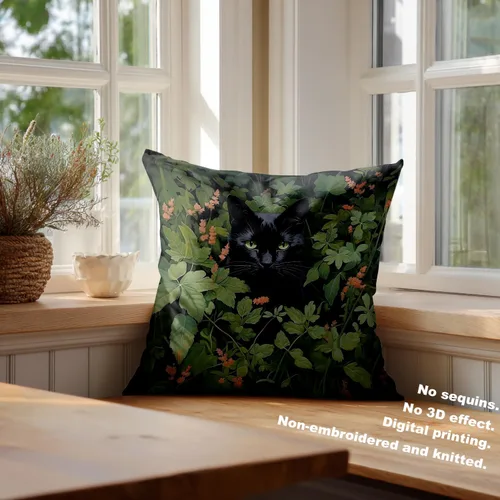 Miniatura 4 de Batmerry Black Cat Green Leaves Throw Pillow Covers, Cat Among Foliage Decorative Pillow Covers Digital Printing Blended Fabric for Couch Sofa Bed