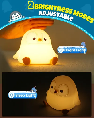 Miniatura 3 de Linda luz nocturna de pingüino, lámpara de animales, silicona de grado alimenticio, recargable, atenuable en 2 niveles, luz nocturna esponjosa
