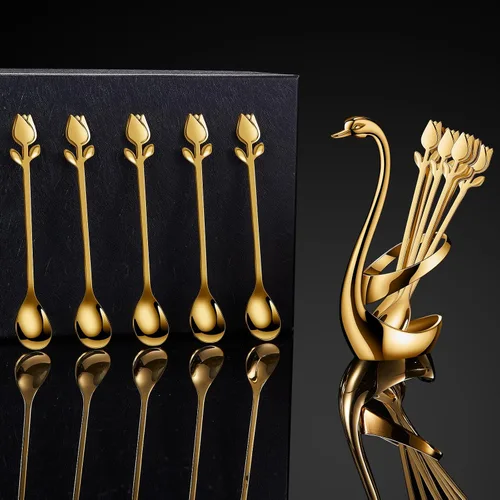 Miniatura 8 de Juego de Soporte para Cucharas de Café Pequeñas Dorado, Base de Cisne con Juego de 12 Cucharas Demitasse para Espresso, Cuchara de Postre Mini