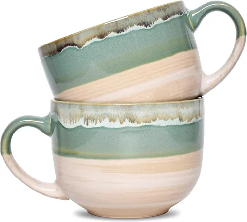 Miniatura 8 de Bosmarlin Juego de 2 tazas de café grandes de cerámica, tazas de café jumbo de gres para la oficina y el hogar, 16 onzas, aptas para lavavajillas