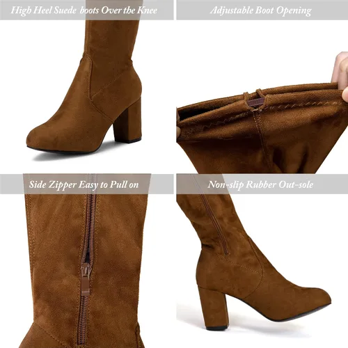 Miniatura 4 de Vepose Botas de gamuza 991 para mujer, por encima de la rodilla, veganas, 3.03 pulgadas, tacones gruesos, cremallera lateral, zapatos de apertura