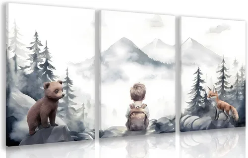 Miniatura 13 de Cyebmo Juego de 3 pinturas enmarcadas de animales del bosque, decoración de pared de animales salvajes del bosque, decoración de pared, pintura
