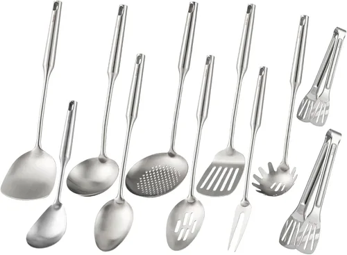 Juego de utensilios de cocina de acero inoxidable 18/10, herramientas de cocina de metal de 15 pulgadas, 11 piezas, 2 pinzas, tenedor, cuchara