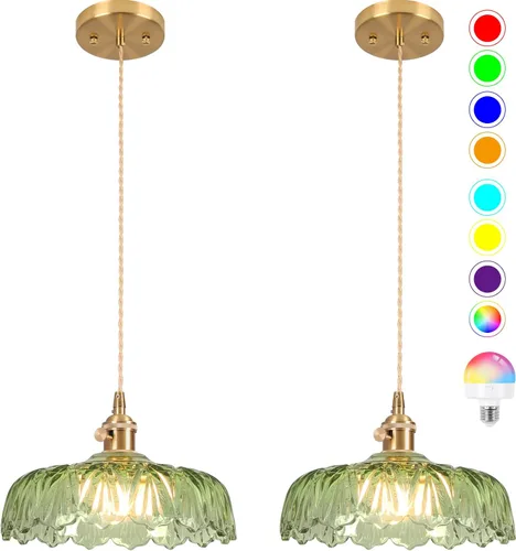 Miniatura 43 de Luces Colgantes para Isla de Cocina, Luz Colgante de Cristal Verde Accesorios de Iluminación Vintage, 9.4 pulgadas E26 Acabado Lámpara Colgante