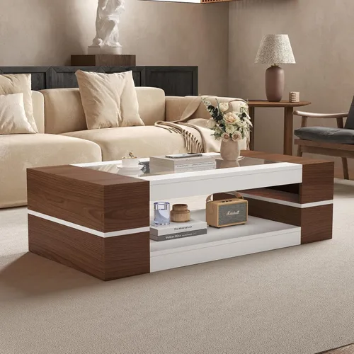 Miniatura 8 de HedoAjim Mesa de centro moderna y elegante de 47.2 pulgadas con parte superior de cristal, mesa grande para sala de estar, mesas centrales