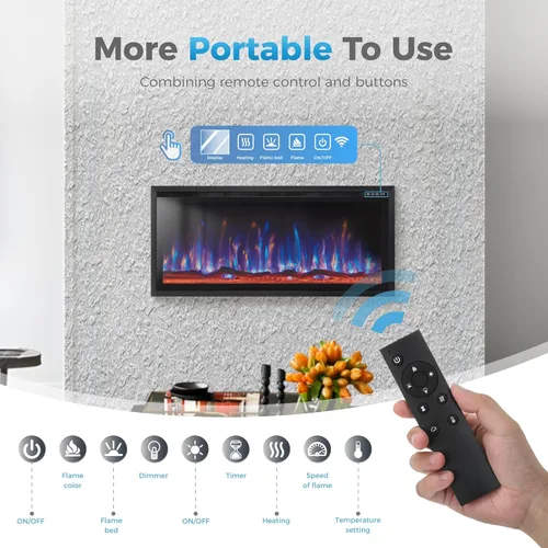 Miniatura 5 de GREEN PARTY Chimenea eléctrica empotrada/montada en la pared de 42 pulgadas con bisel ultra estrecho, calentador de chimenea con opciones de troncos
