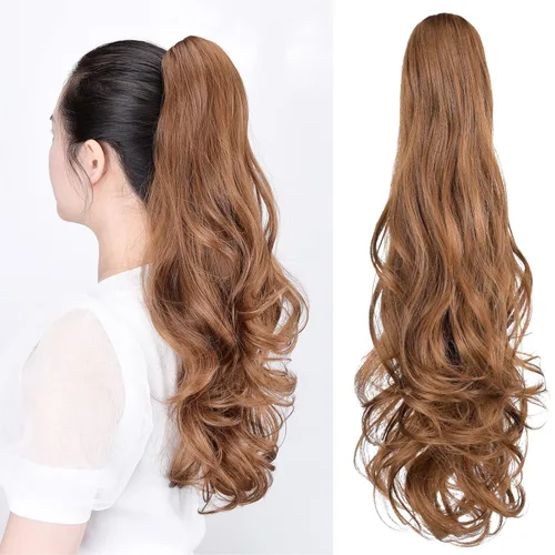 Miniatura 37 de Extensiones de cola de caballo, extensiones de cabello rizado con clip de garra de color marrón oscuro para mujer, peluca sintética de cola