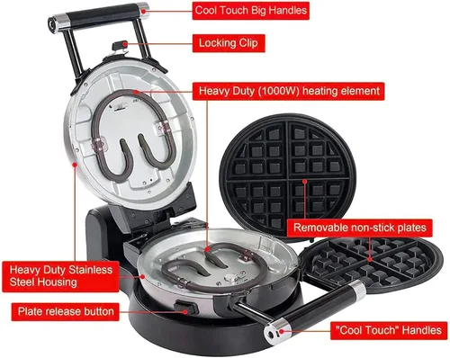 Miniatura 7 de Health and Home Gofrera 3 en 1 para Gofres, Tortilla y Gofres de Huevo, 3 Placas de Cocción Antiadherentes Extraíbles, Gofrera Belga Giratoria 360°
