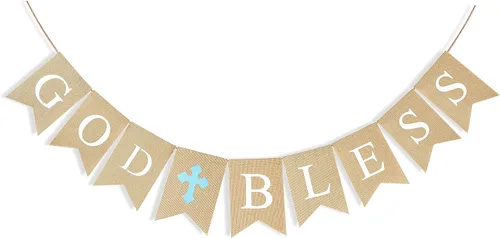 CHRORINE Cartel de Bautismo de God Bless para niños, decoraciones de confirmación de la primera comunión, suministros para fiesta de bautismo de Azul