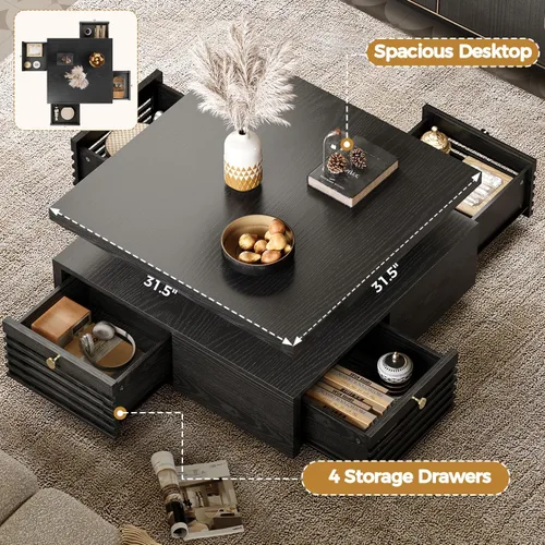 Miniatura 3 de Mesa de café IRONCK con luz LED y estación de carga, 4 cajones de almacenamiento con diseño de rejilla, mesa de café cuadrada para sala de estar
