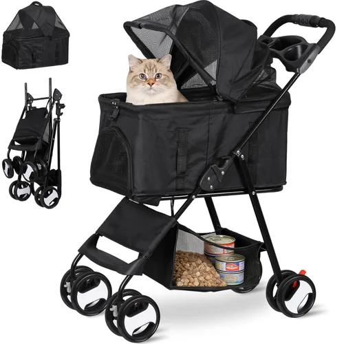 ZENY Cochecito para mascotas, cochecito plegable 3 en 1 para perros y gatos con 4 ruedas, cesta desmontable y soporte para tazas, transportador Negro