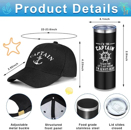 Miniatura 2 de Handepo Accesorios de Navegación Regalos para Hombres Gorra de Capitán de Barco I'm Captain Tumbler Gorra de Béisbol de Navegación Tazas Náuticas