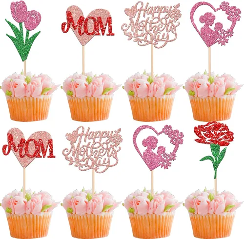 Miniatura 12 de Rsstarxi 1 paquete de decoración para pastel con flores de purpurina con doble corazón Love Mom Best Mom Best Mom Cake Pick Decoraciones para feliz