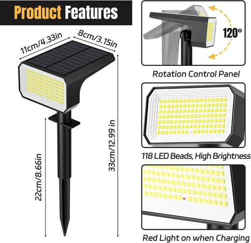 Miniatura 8 de Focos solares para exteriores, [4 unidades/118 LED] 4 modos de encendido y apagado automático, focos solares de paisaje, IP67 impermeables, luces