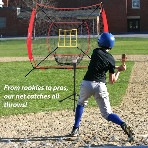 Miniatura 7 de Red de entrenamiento de béisbol y softbol de 7 x 7 pies con camiseta de bateo, objetivo de zona de golpe, juego de práctica portátil de golpeo y Rojo