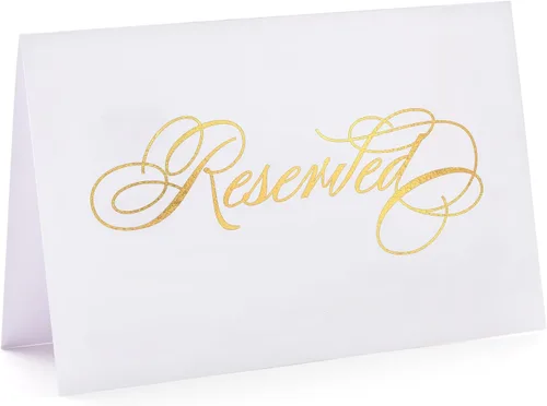 AMAHEJMO Paquete de 25 carteles reservados, tarjetas impresas de lámina de oro real, letreros de mesa reservados, letreros de boda reservados para