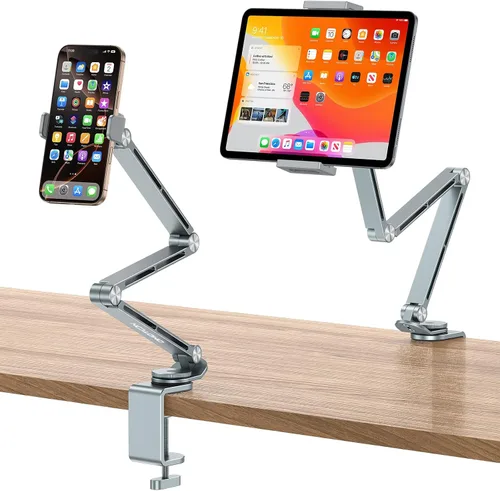 Miniatura 10 de OMOTON GH03 - Soporte para tablet con rotación de 360°, soporte de teléfono de brazo largo de aleación de aluminio GH03 con 2 abrazaderas de Negro