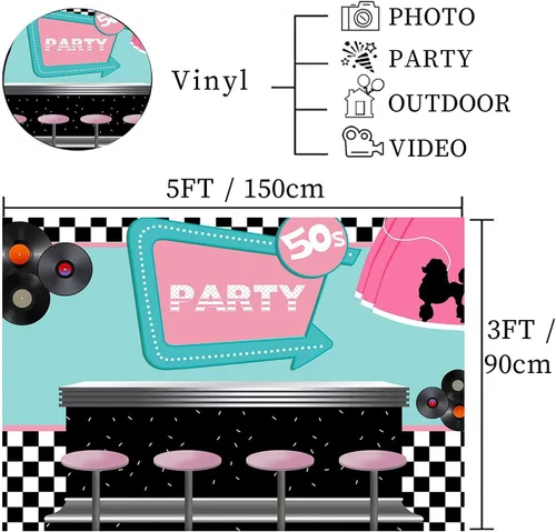Miniatura 5 de 50's Soda Shop - Telón de fondo de vinilo para fiestas de regreso a los años 50, 5 x 3 pies con temática de los años 50, cartel para sesión de fotos