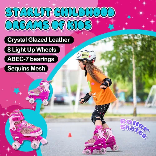Miniatura 2 de Patines de ruedas para niños y niñas, 4 tamaños ajustables de 3 a 5 a 8, 6 a 12 años, patines cuádruples con ruedas iluminadas para principiantes