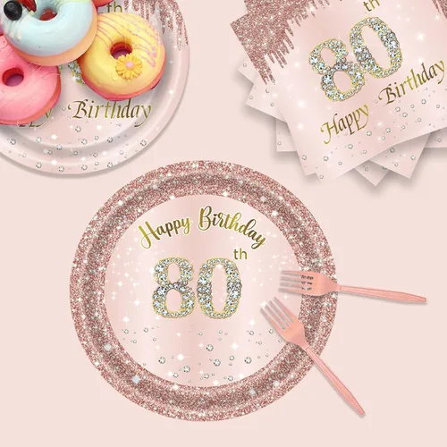 Miniatura 4 de 24 juegos de decoración de fiesta de cumpleaños de oro rosa para mujeres, platos y servilletas para el 80 cumpleaños, tenedores, suministros