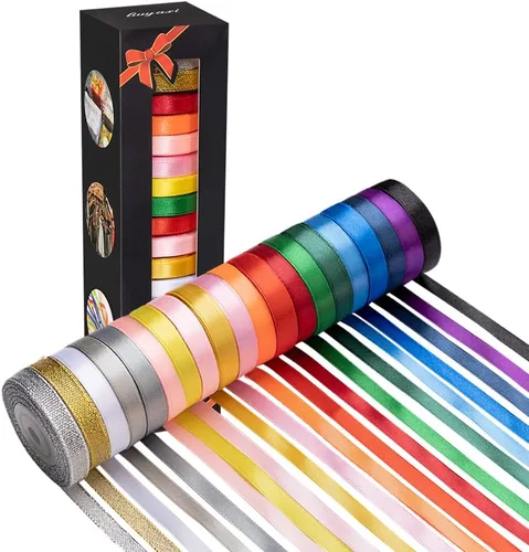 Cinta de satén arcoíris de doble cara de 20 colores de 300 yardas, 18 rollos de cinta y 2 cintas metálicas con purpurina, 3/8 pulgadas x 15
