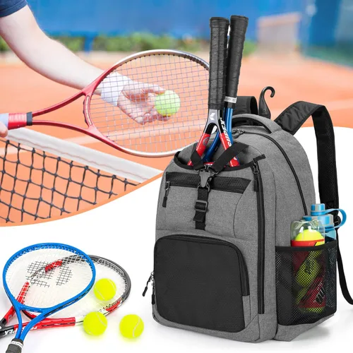 Miniatura 6 de Bolsa de tenis DSLEAF para hombres/mujeres para guardar 2 raquetas, mochila de tenis con espacio separado para zapatos para el deporte de tenis Gris
