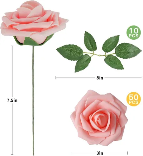 Miniatura 2 de AmyHomie - Flores artificiales realistas, 50 piezas, con tallo, para bricolaje, ramos de novia, centros de mesa, arreglos, fiestas, baby shower, Rosa