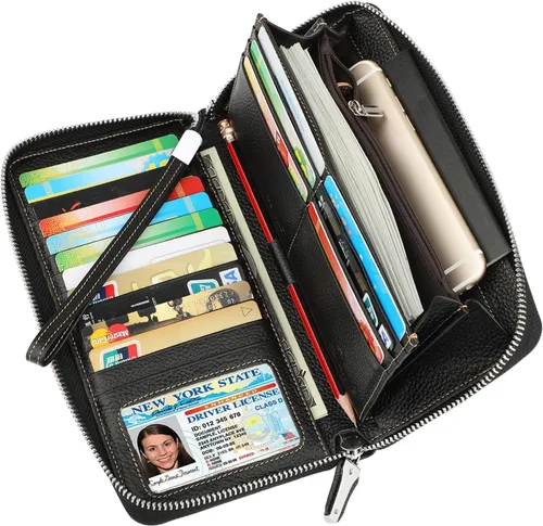 Lavemi Pequeña cartera compacta para mujer, con bloqueo RFID, de piel auténtica, plegable, con ventanas de identificación