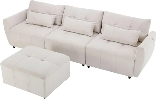 Miniatura 8 de KEVINSPACE Sofá moderno de 113.3 pulgadas, sofá de 3 plazas para sala de estar, sofá de tela de felpilla con puertos USB otomano, juego de 3