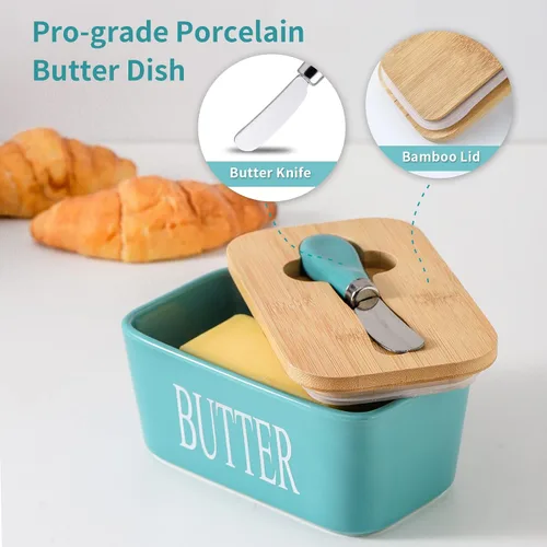 Miniatura 6 de Hasense Mantequillera de porcelana con tapa para encimera, mantequillera grande de cerámica con cuchillo, recipiente hermético para mantequilla