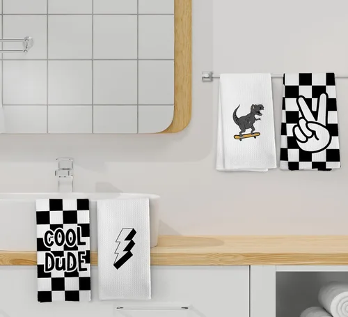 Miniatura 5 de Juego de 4 toallas de mano a cuadros modernos para niños, decoración de baño para niños, regalos de Dinasours, paños de cocina para cocina, paño