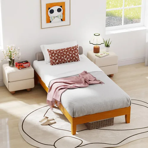 Miniatura 3 de BLKMTY Marco de cama de madera, cama de tamaño individual, sin plataforma de cabecero, con espacio de almacenamiento inferior, fácil montaje,