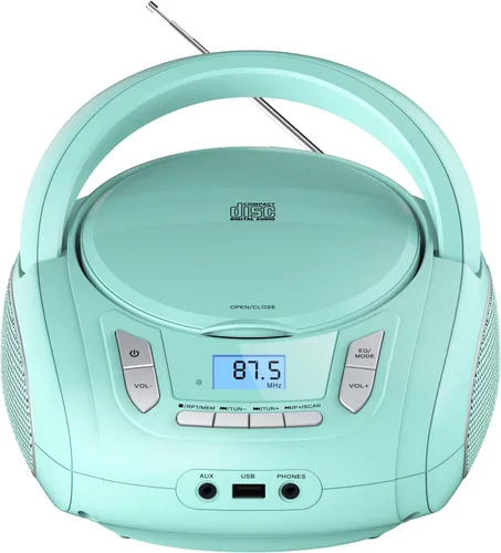 Miniatura 11 de Reproductor de radio portátil CD Boombox con Bluetooth, radio FM, reproducción de MP3 por USB, entrada AUX, conector para auriculares, compatible