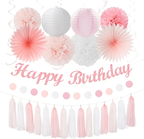 Miniatura 17 de Cartel de feliz cumpleaños rosa y negro para decoración de fiesta – 31 piezas de oro rosa 14º 40º para mujeres y niñas, faroles de papel