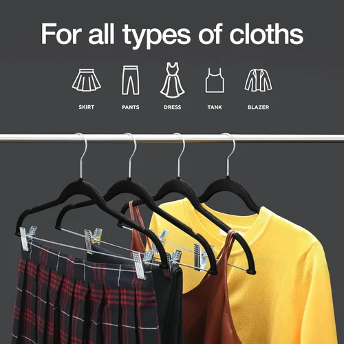 Miniatura 2 de Home-it - Perchas para pantalones con clips, 10 unidades, terciopelo negro, antideslizante, ahorro de espacio para pantalones, faldas, abrigos