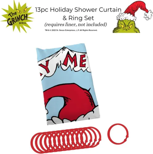 Miniatura 3 de Dr. Seuss The Grinch Holiday - Juego de cortinas de ducha de 13 piezas, cortina de tela de 72 x 72 pulgadas con ganchos, decoración de baño, lavable