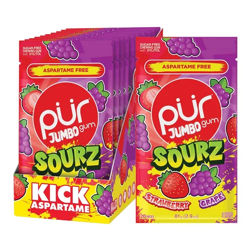 Miniatura 9 de PUR Goma Jumbo Chicle sin Aspartame 100% Xilitol Sabor Natural de Chicle de Masticar, Uva, Sandía, 20 Piezas (Paquete de 10)