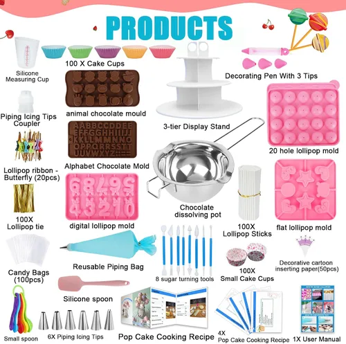 Miniatura 7 de Kit de 618 piezas para hacer pasteles con 5 juegos de moldes de silicona, soporte de exhibición de 3 niveles, olla para derretir dulces