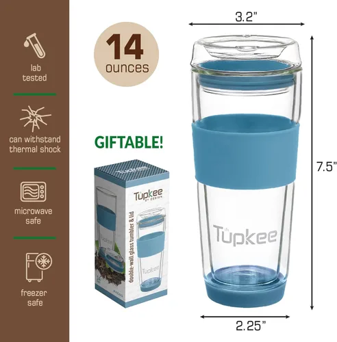 Miniatura 5 de Vaso de vidrio de doble pared, 14 onzas, vaso reutilizable aislado de vidrio para té/café con tapa, soplado a mano, taza de viaje - Niagara