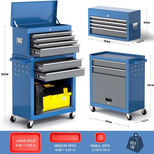 Miniatura 2 de Cofre de herramientas rodante, caja de herramientas de 8 cajones con ruedas, organizador de caja de herramientas extraíble, armario