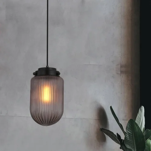 Miniatura 5 de 2 Pack Modern Smoke Gray Pendant Lights, Nordic Cylindrical Striped Glass Shade Ceiling Hanging Lighting, Adjustable Height E27/E26 Sockets
