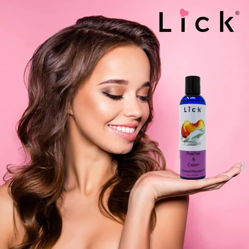 Miniatura 5 de Lick Aceite de masaje con sabor a duraznos y crema, aceite de masaje comestible inspirado en postres dulces con vitamina E, deslizamiento suave