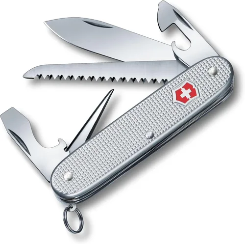 Victorinox Farmer Alox Swiss Army Cuchillo - Herramienta de bolsillo de 9 funciones Plata | Swiss Made Stainless Steel Multi-Tool with Wood Saw,
