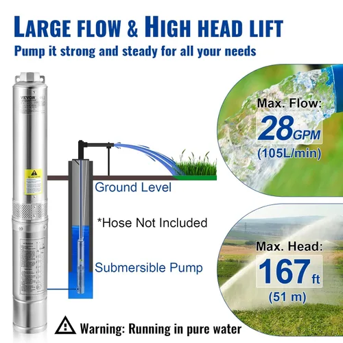Miniatura 3 de VEVOR - Bomba sumergible para pozos profundos, 0.5 HP 115 V/60 Hz, caudal de 28 GPM (galones por minuto), presión de 167 pies, con cable eléctrico