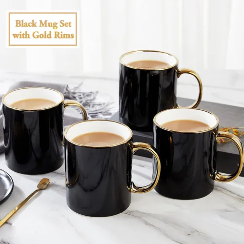 Miniatura 2 de DUJUST Juego de 4 tazas de café negras (16 onzas), diseño moderno y elegante con adornos dorados hechos a mano, juego de tazas negras y doradas