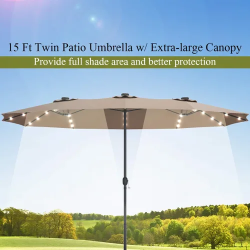 Miniatura 7 de Tangkula Sombrilla solar de patio de 15 pies con base, sombrilla individual extragrande de doble cara para exteriores con 36 luces LED y manivela