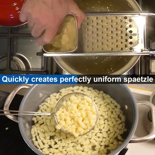 Miniatura 5 de Spaetzle Maker de acero inoxidable de grado premium con mango de agarre cómodo, fabricante tradicional de fideos de huevo alemán con caja de regalo
