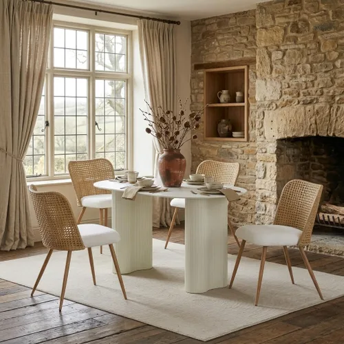 Miniatura 11 de Juego de 4 sillas de comedor de ratán, sillas de cocina tapizadas Boucle, sillas de comedor modernas de mediados de siglo, sillas de caña de Blanco