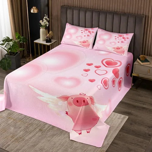 Manfei Juego de colcha de cerdo rosa para niños, tamaño individual, bonito juego de 2 piezas para decoración de habitación de niñas y adolescentes,